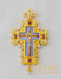 Cross pectoral brass, gilding, enamel, stones - zirconium, natural pearls with a chain in a case. (Greece) - фото