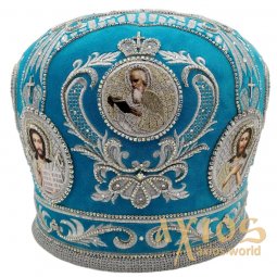 Miter "Crown", blue velvet, silver thread embroidery - фото