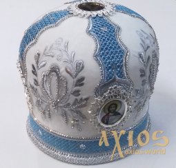 Miter "Small Flower" white, embroidered with silver and blue thread - фото