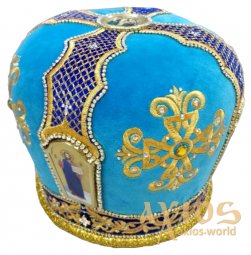 Miter "Cross", blue and blue velvet, gold and thread embroidery - фото
