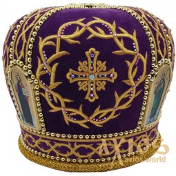 Miter "Crown of Thorns", purple velvet, inserts from beads and images of God - фото
