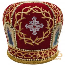 Miter "Crown of Thorns", red velvet, inlaid with stones, beads and images of the Lord - фото