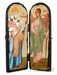Икона под старину Святитель Спиридон Тримифунтский и Святой Ангел Хранитель Складень двойной - фото