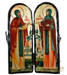 Икона под старину Святые благоверные Петр и Феврония Муромские Складень двойной - фото