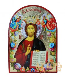 Icon of the Savior in Greek style with gold and silver, arched, 21x29 cm. Unfading color. Only in Axios - фото