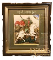 The written icon of St. George the Victorious is 27x31 cm, in a wooden kiot under the glass (Miracle of George of the Dragon) - фото