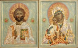 Wedding couple Icon of the Savior and the Virgin Mary, board, gesso, egg tempera, gilding, 34x28 cm - фото