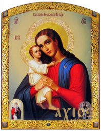 Icon the Mother of God, MDF, veneer (ash-tree), ark, printing, decorative border, stones, lacquer, 20x26 cm - фото