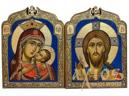 The wedding couple is the icon of the "Savior" and the icon of the Mother of God "The Virgin of Kasperovskaya", gilding, inlay of stones, 29x29 cm - фото