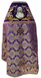 Combined priestly vestment, shoulders embroidered on velvet, the main fabric is purple brocade - фото