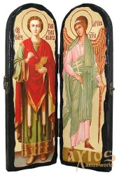 The icon under the antiquity The Holy Healer Panteleimon and the Holy Guardian Angel The folded double 10x30 cm The icon under the antiquity The Holy Healer Panteleimon and the Holy Guardian Angel The folded double 10x30 cm - фото