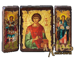 Icon under the antiquity The Holy Great Martyr and Healer Panteleimon fold a triple 14x10 cm Icon under the antiquity The Holy Great Martyr and Healer Panteleimon fold a triple 14x10 cm - фото