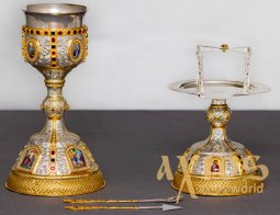 Eucharistic set in brass, engraved, natural stones, with silver chalice insert 1l. (Greece) - фото