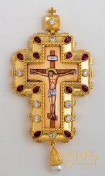 Cross pectoral brass, gilding, enamel, zirconium stones, with a chain in a case. (Greece) - фото