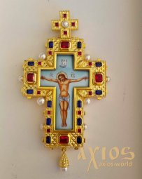 Cross pectoral brass, gilding, enamel, stones - zirconium, natural pearls with a chain in a case. (Greece) - фото