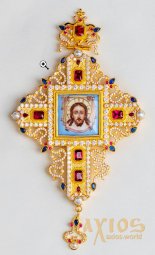 Cross pectoral brass, gilding, Enamel, zirconium stones, natural pearls with a chain in a case. (Greece) - фото