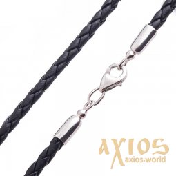 Leather lace with a smooth silver clasp (4mm), silver 925, leather, О 18422 - фото