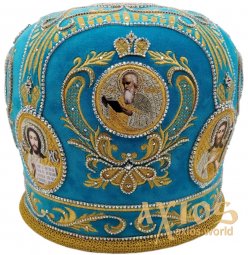 Miter "Crown", blue velvet, gold thread embroidery - фото