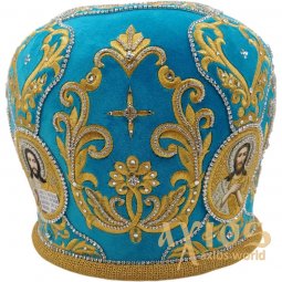 Miter "Star", blue velvet, gold thread embroidery - фото