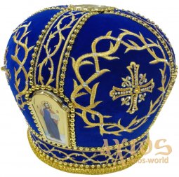 Miter "Crown of Thorns", blue velvet, gold and thread embroidery - фото