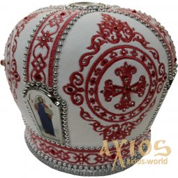 Miter "Rhombus" white, embroidered with red thread - фото