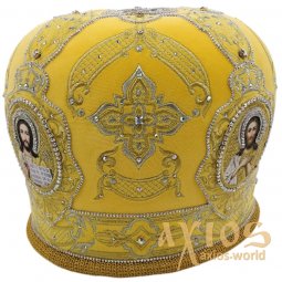 Miter "Fedorovskaya" yellow, embroidered with silver and gold thread - фото