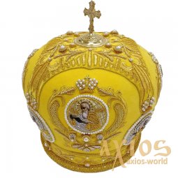 Bishop`s miter "Crown", yellow, handmade, embroidery with thread - фото