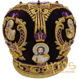 Miter "Crown" with gold embroidery on purple velvet, inlaid with stones - фото