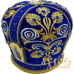 Miter "Big Flower", blue velvet, gold and silver thread embroidery - фото