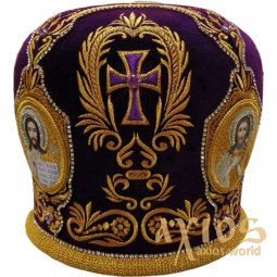 Miter "Cross in a crown", purple velvet, gold embroidery - фото