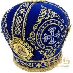 Miter "Rhombus", blue velvet, embroidery with gold and silver thread - фото