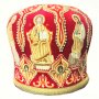 Miter red velvet, embroidery with golden Japanese threads, embroidered Images of Jesus Christ, Mother of God and Saints