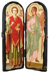 Икона под старину Святой целитель Пантелеймон и Святой Ангел Хранитель Складень двойной - фото