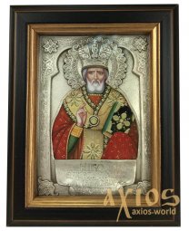 Icon in metal Nikolay, silver-plated, frame made of wood, 9х11 cm - фото