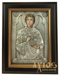 Icon in metal Panteleimon, silver-plated, frame made of wood, 9х11 cm - фото