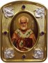 The written icon of Saint Nicholas 7,5x10 cm, in a silver and gold, is encrusted with amethysts