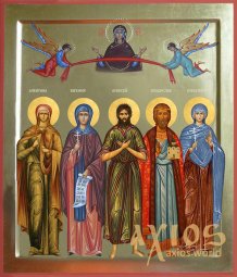 Handwritten family icon, 5 saints, 30x40 cm, gold - фото
