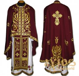 Priestly vestments, embroidered on a Red gabardine, sewn galloon, Greek cut R074G - фото