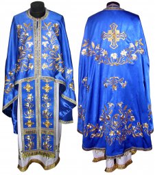 Priest Vestments, Embroidered on  blue satin, Greek Cut, R040g - фото