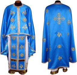 Priest Vestments, Embroidered on a dense blue satin, sewn galloon, Greek Cut, R061G - фото