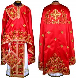 Priest Vestments, Embroidered on a red dense satin, sewn galloon, Greek Cut, R82g - фото