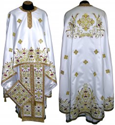 Priest Vestments, Embroidered on a dense white satin, sewn galloon, Greek Cut, R82g - фото