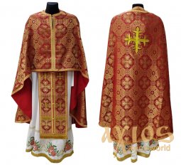 Priest vestment, red brocade, embroidered cross, Greek cut - фото