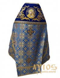 Priest vestment, combined, blue brocade, gold embroidery, shoulders embroidered on blue velvet - фото