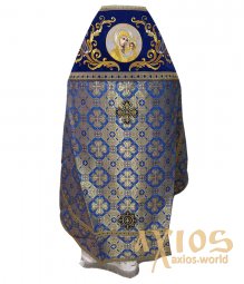 Priest vestment, combined, basic fabric - brocade, shoulders embroidered on dark blue velvet, embroidered icon - фото