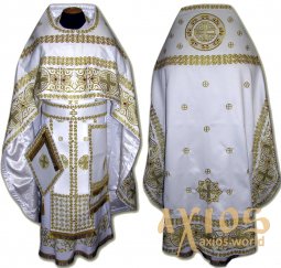 Priestly vestments, embroidered on a thick white satin, with embroidered lace R128M - фото